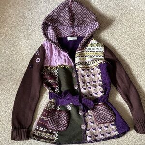 Susan Bristol Wool/Cotton Colorful Patchwork Hooded Cardigan